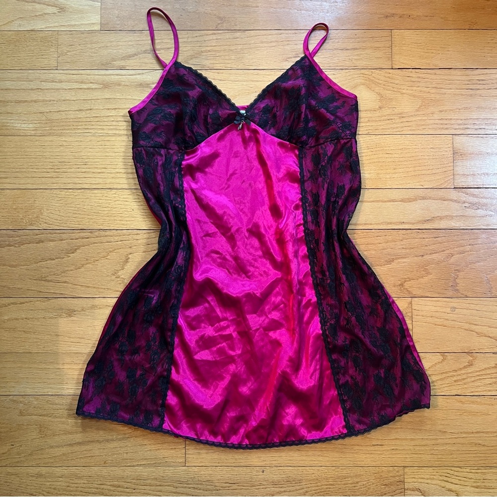 George Hot Pink and Black Lace Satin Chemise